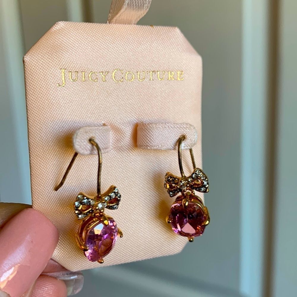 Vintage Juicy Couture Pink Clear Crystal Bow Drop Earrings Box Y2K